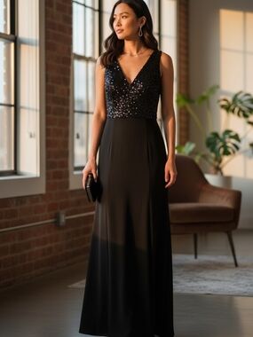 Salt Gala Timeless Black Sequin Lace Maxi Dress Size S | Formal Evening Gown